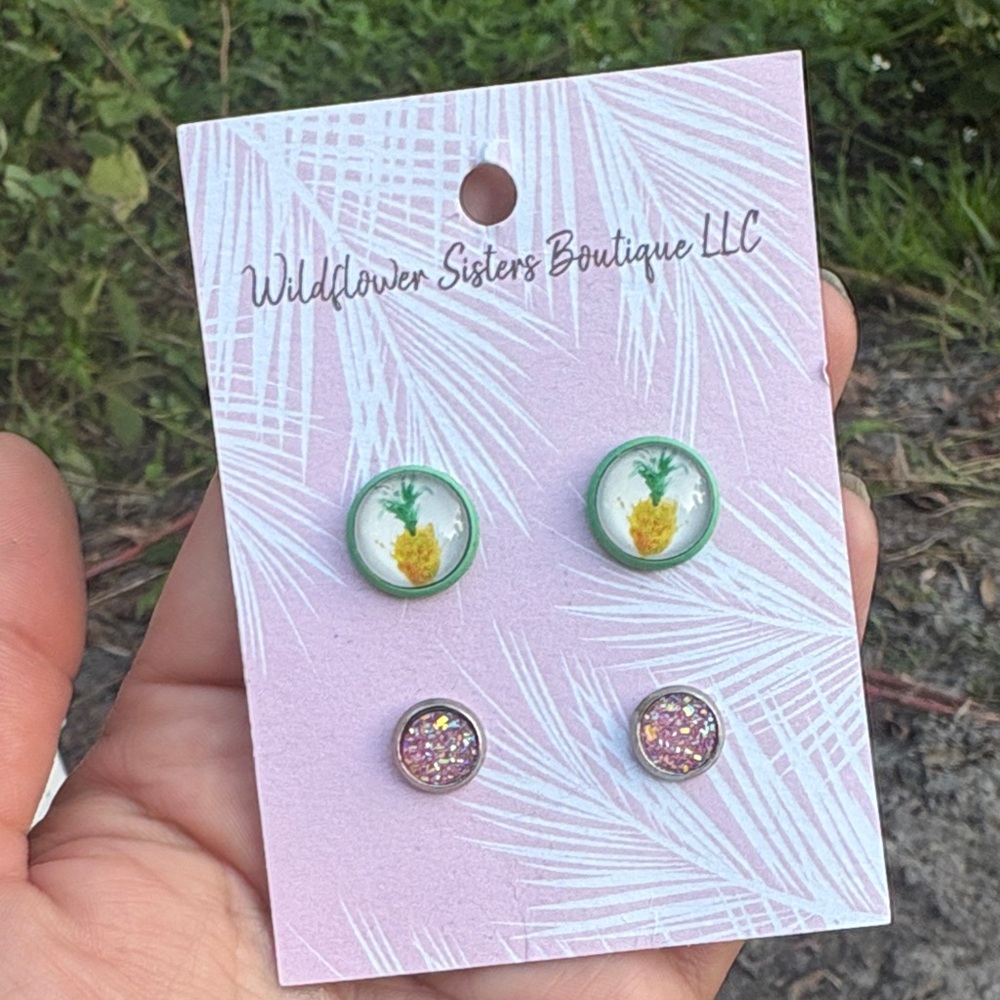 Pineapple Earrings Set - Green and Pink